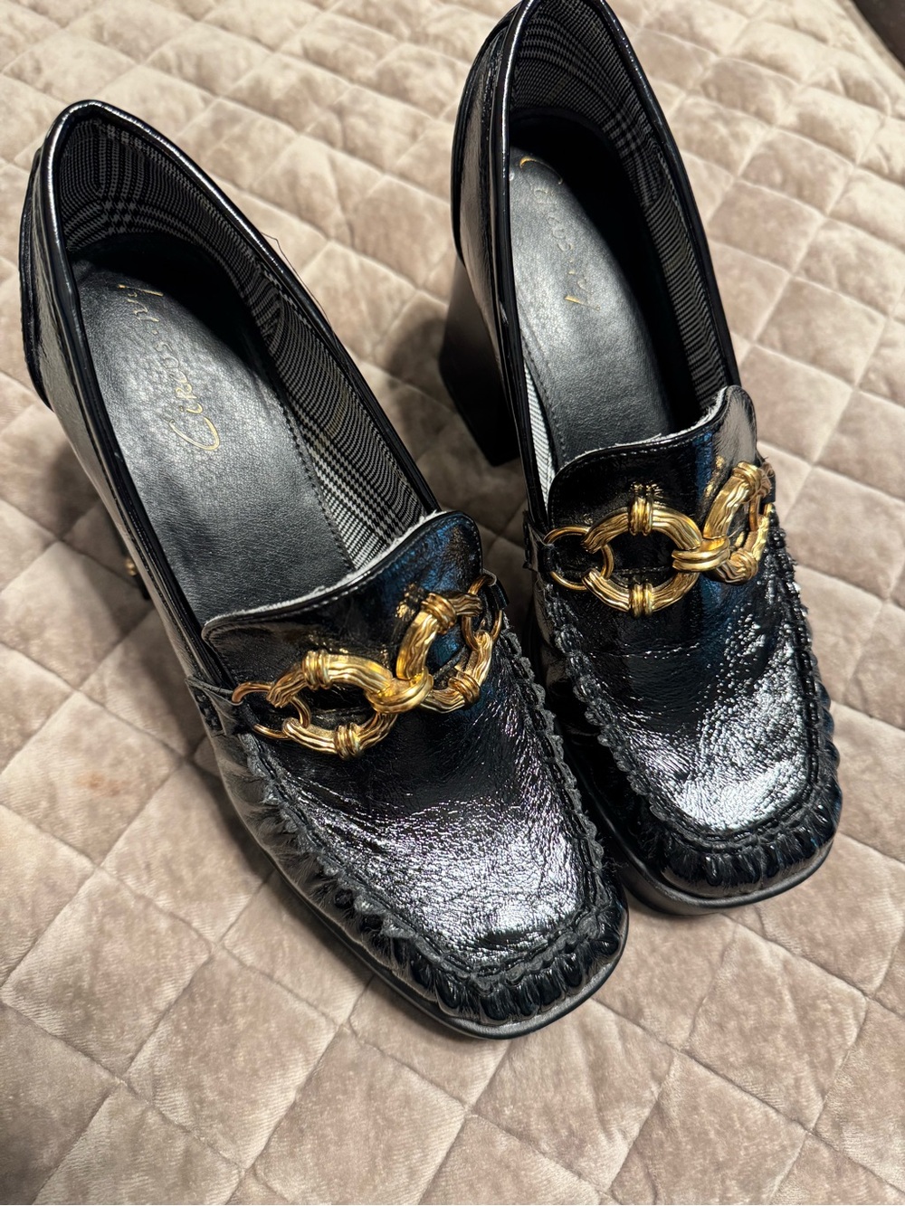 Circus NY Black Patent Loafer Heels with Gold Chain Accent - Women
